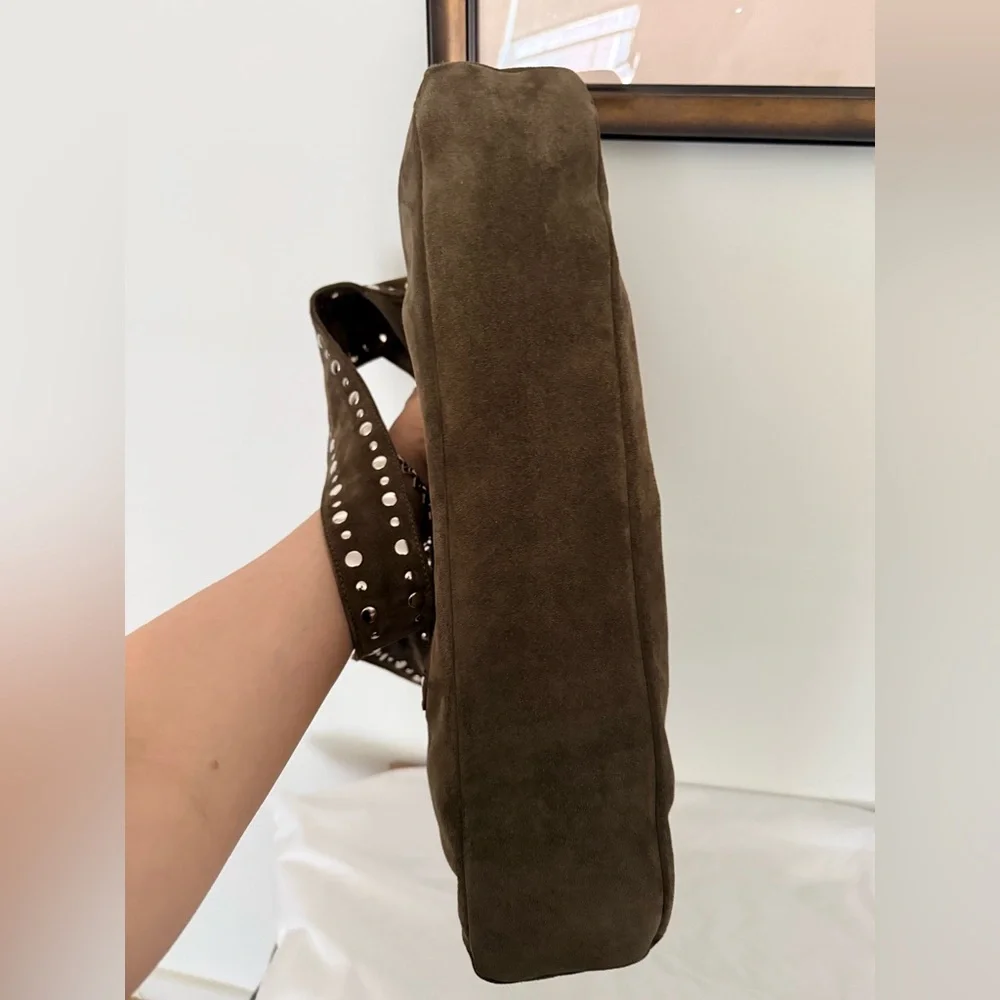 Gimaguas Silver Studded Suede Maxi Franca Shoulder Bag in green khaki NEW UNUSED - Picture 6 of 11